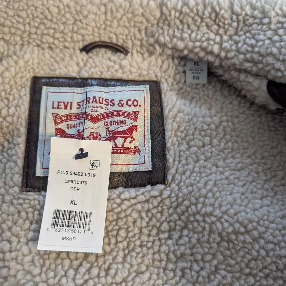 Men's NWT Levi's sherpa lined faux leather aviator bomber jacket, brown, size XL - Picture 5 of 6